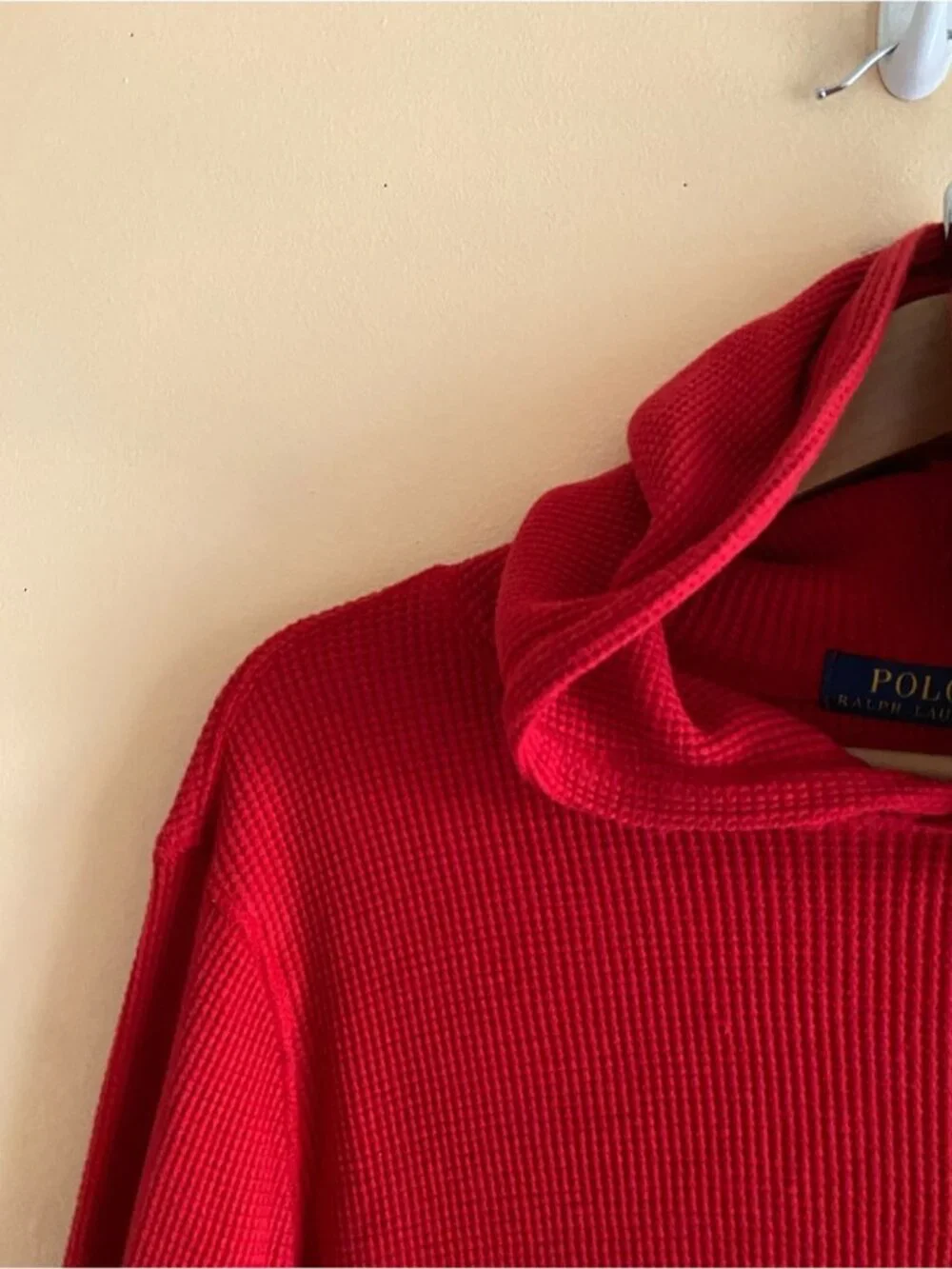 Polo Ralph Lauren Waffle Knit Hoodie Men Medium Red Shirt Cotton Pony Logo FLAW